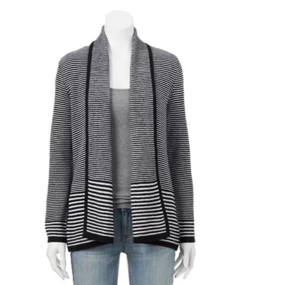 Croft & Barrow Blue Gray Striped Textured Open Drape Front Cardigan Petite Small - Picture 1 of 8
